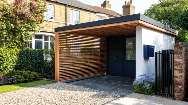 Extension contemporaine avec claustra en bois et entrée pavée devant une maison