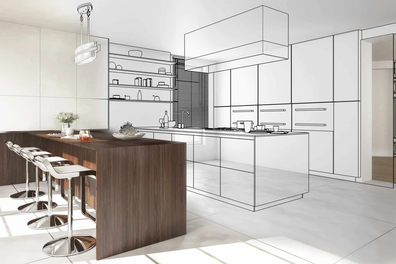 Cuisine contemporaine avec esquisse architecturale en surimpression