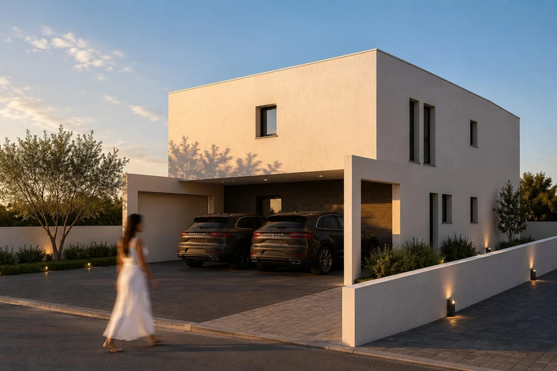 Vue de conception de l’entrée d’une villa contemporaine aux volumes blancs