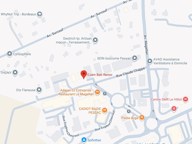 Localisation Ezam Bati Renov sur carte Google Maps Pessac Carte détaillée du secteur commercial de Pessac. Localisation d'Ezam Bati Renov, Av. Magellan et Rue Claude Chappe, près du Restaurant Le Magellan et du Centre SMR.